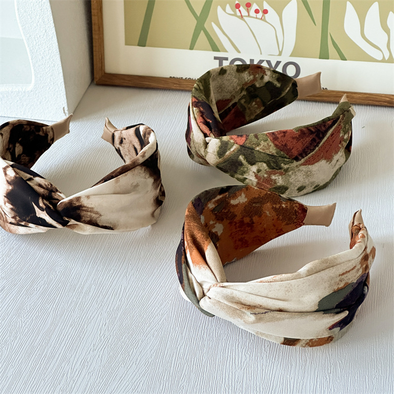 309g Weight Hair Band Hair Accessories Type 1 Piece Quantity Holiday, Daily Occasion Color Block Pattern Women's Gender Printing Design Simple Style, Classic Style Style New Printed Headband Tie-Dyed Vintage Oil Painting High Skull Top Cross Wide Version High Sense Headband Female Is Summer Updo 7