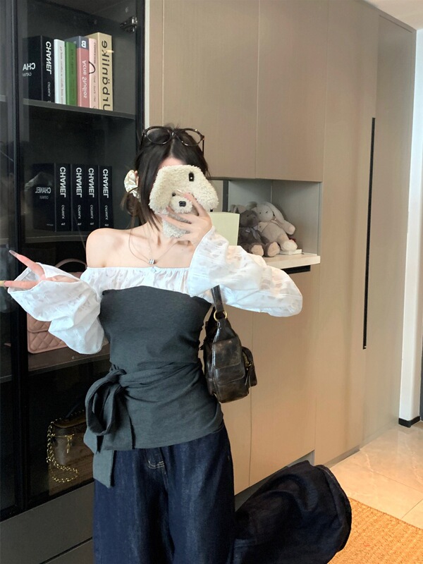 气质假两件一字肩长袖T恤女秋季2025新款辣妹风绑带修身撞色上衣|undefined