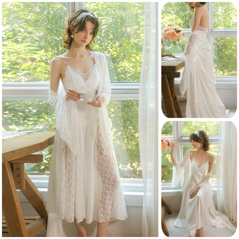 Women's Elegant Long Nightgown with Breast Pads Two-Piece Satin Sexy Lace Splicing Suspender Nightgown Set 976 Women's Elegant Long Nightgown with Breast Pads Two-Piece Satin Sexy Lace Splicing Suspender Nightgown Set 976