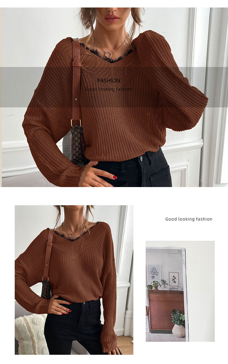 Solid Color V-Neck Lace Stitching Long-Sleeved Knitted Sweater NSYYF86421