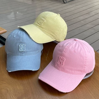 做旧字母N贴布棒球帽子女简约百搭宽帽檐显脸小软顶情侣鸭舌帽男