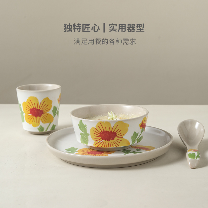 手绘新中式摆台三件套台面餐具粗陶釉下彩商用复古碗盘碟勺四件套