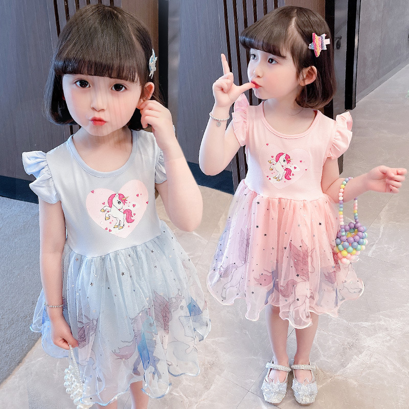 Girls' Cotton Dress 2026 New Summer Style for Girls, Baby, Children, Short-Sleeve Pony Mesh Korean Style Princess Dress