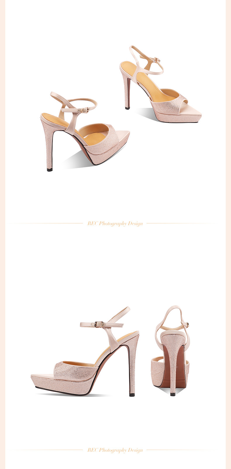 Sandal cao gót nữ mũi nhọn hở ngón, quai một chữ khóa, gót siêu cao 12 cm, đính đá lấp lánh — Màu đen (12 cm) chi tiết 7