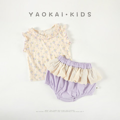 兒童夏季薄款套裝2024年薄款花邊袖上衣三角花苞褲兩件套嬰兒衣服