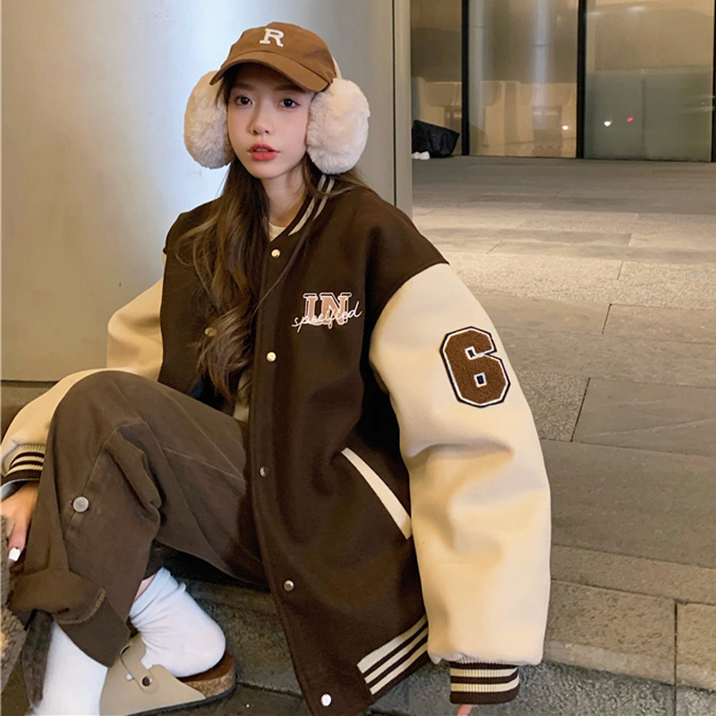 Color-Block Baseball Jacket for Women, Autumn and Winter New American Retro Thickened Bf Style Loose Jacket Versatile Cardigan Color-Block Baseball Jacket for Women, Autumn and Winter New American Retro Thickened Bf Style Loose Jacket Versatile Cardigan