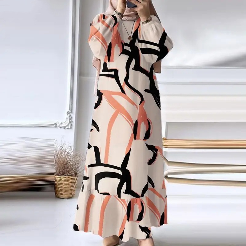 Cross-Border Muslim Women's Clothing Retro Puff Sleeve Printed Ruffle Pocket Dress Middle East Dubai Spring Autumn Abaya_ecoleips.com