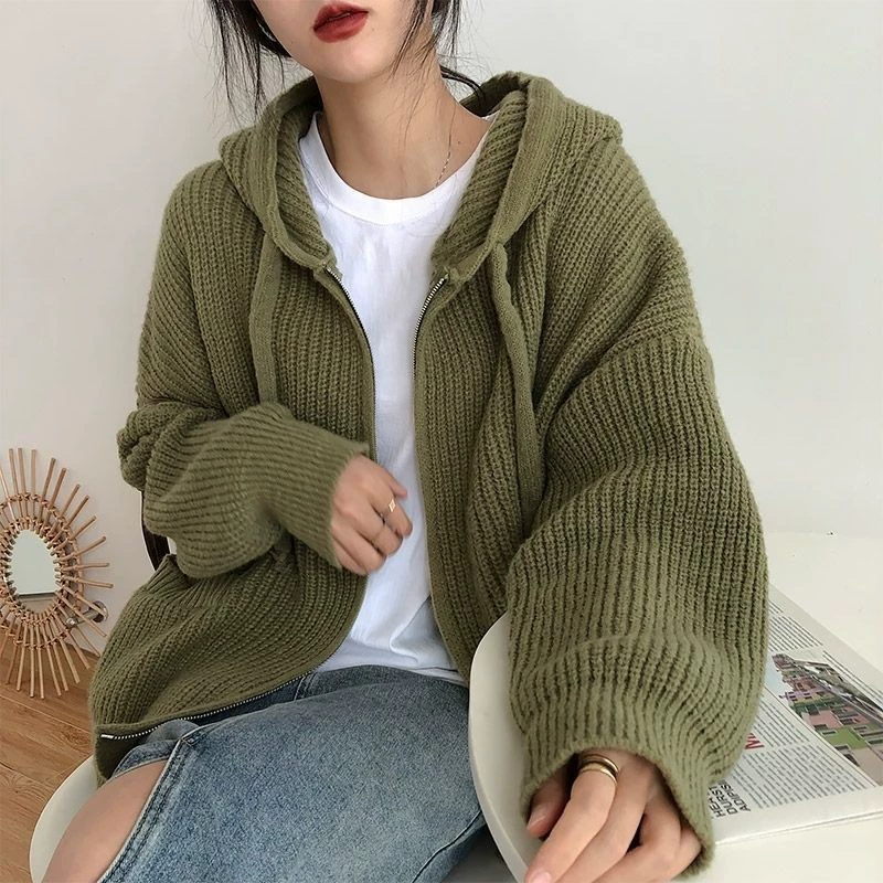 Кофточка с капюшоном, демисезонная кардиган, ретро вязаная куртка, оверсайз