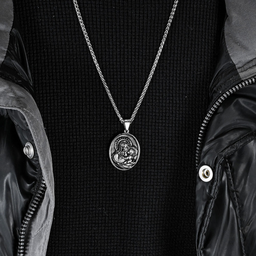 Cross-border European and American antique-style human figure titanium steel necklace round pendant niche personalized protective accessory sweater chain pendant