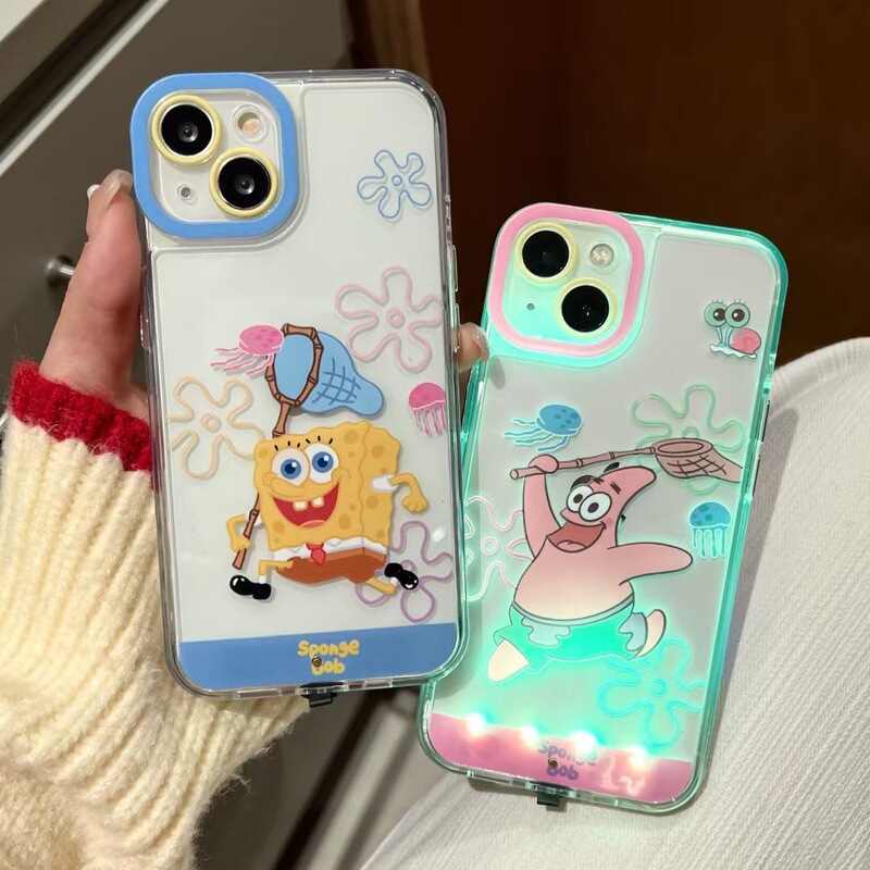 Cute Cartoon Phone Case with Flashing Lights for Apple 17 Pro Max, 16, 15, 14, Featuring Patrick Star