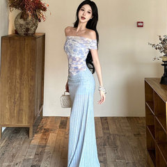 连衣裙女设计感小众网纱拼接一字领修身显瘦度假海边长裙a字裙夏
