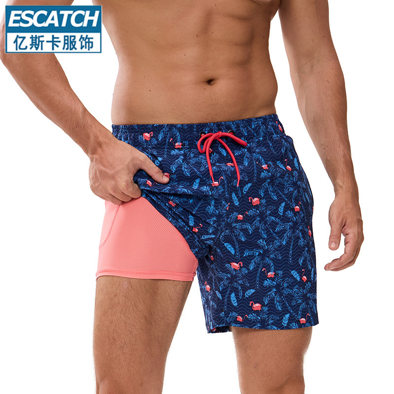 Men's Beach Trunks Quick-drying Double-layer Swimming Trunks Printed Casual Sports Shorts