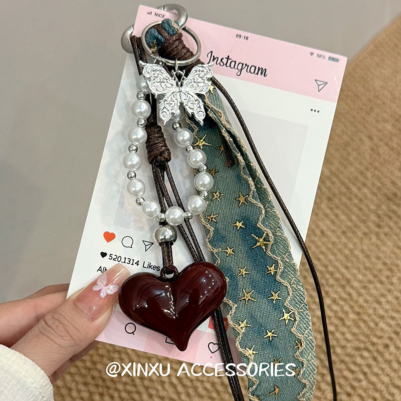 Personalized Retro Brown Heart Butterfly Pearl Bag Pendant Fashionable and Exquisite Denim Tassel Mobile Phone Key Pendant
