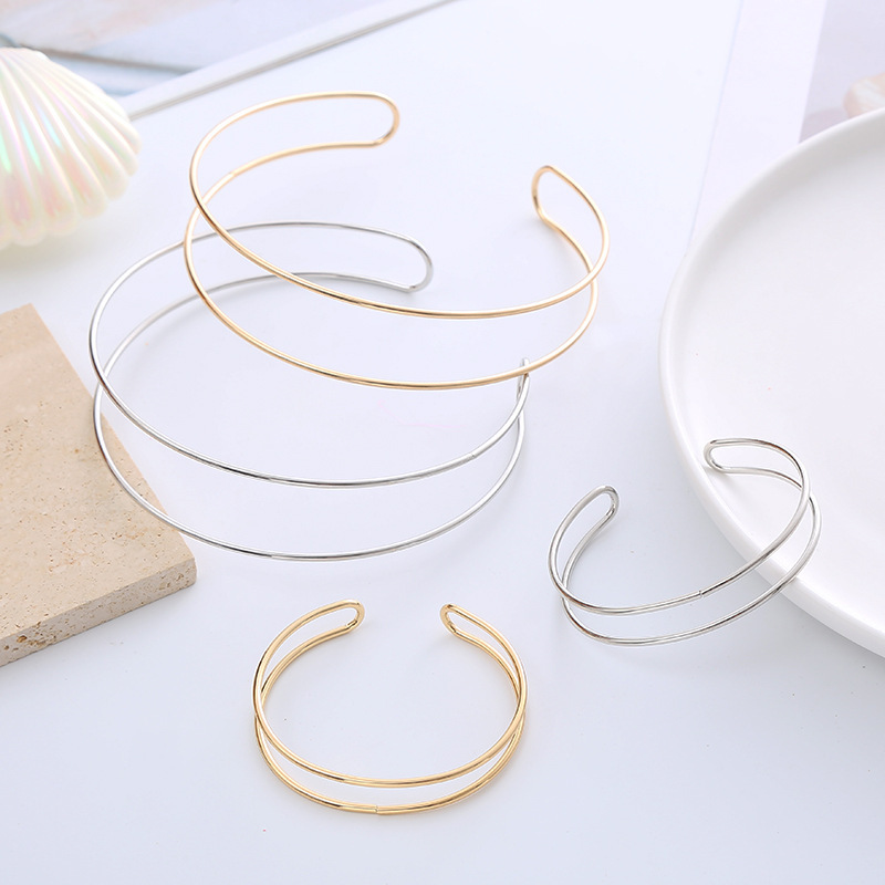 Fashion Double Line Geometric Open Collar Hollow Line European and American Simple Women Punk Fashion Collar Bracelet Set