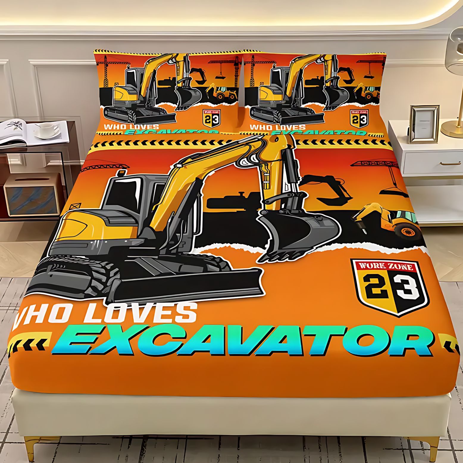 Temas de excavadora de dibujos animados TEMU / JIT impresión digital 3D cama gaza pillow cover set textiles domésticos transfronterizos