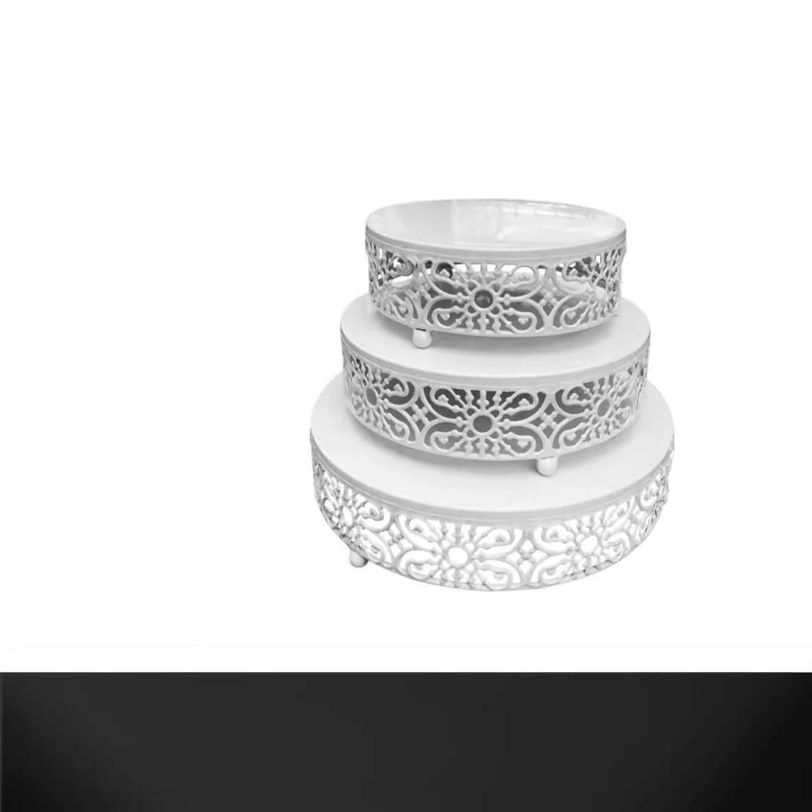 Boda europea apoyos de mesa bandeja de pastel redonda hierro forjado estante de pastel de pies altos bandeja de frutas bandeja de refrigerio