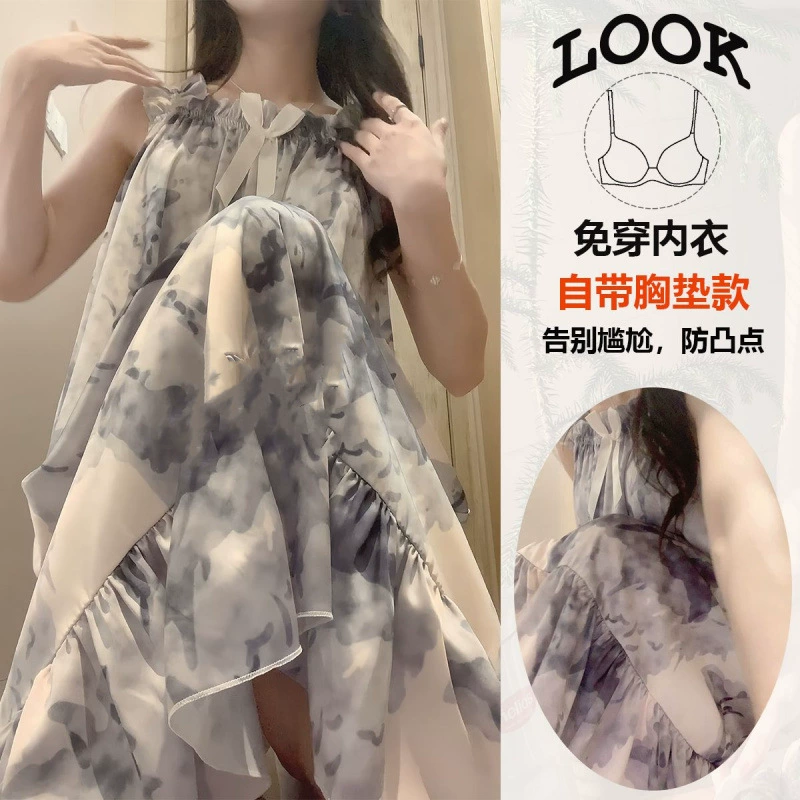 Ночная рубашка из тонкого ледяного шелка, летняя милая юбка на подтяжках с нагрудной подкладкой, универсальный жилет, весенне-осеннее платье, летняя пижама