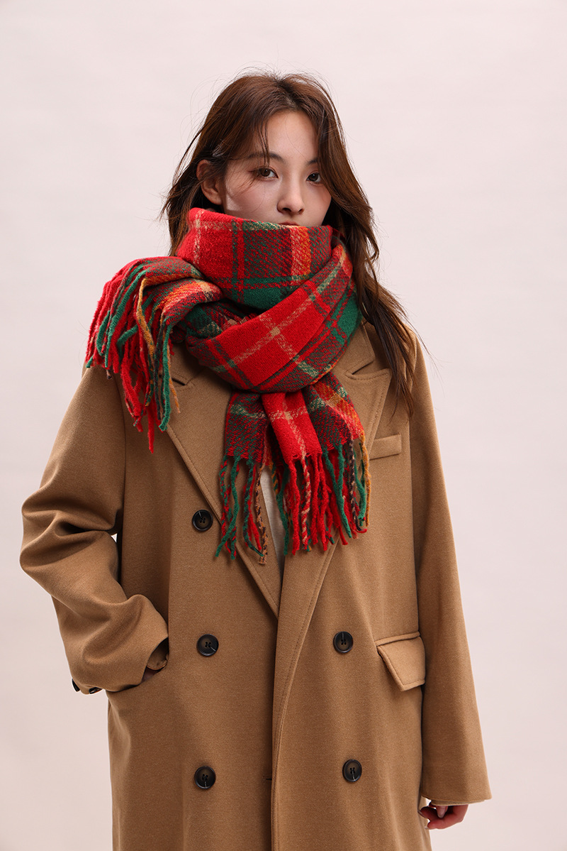 Châle à carreaux, polyvalent automne hiver, classique de Noël version coréenne 2024, nouveau châle, écharpe haut de gamme et chaude pour_voghion.com