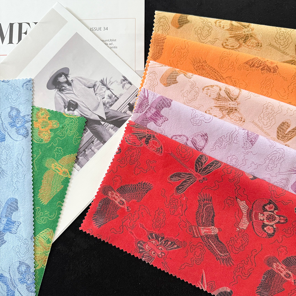 新款面料古风花朵描金麂皮绒面料全涤服装箱包旗袍面料口金包DIY