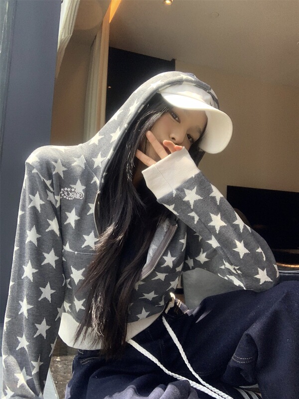 复古灰色星星连帽长袖卫衣外套女秋季美式宽松慵懒风休闲开衫上衣|undefined