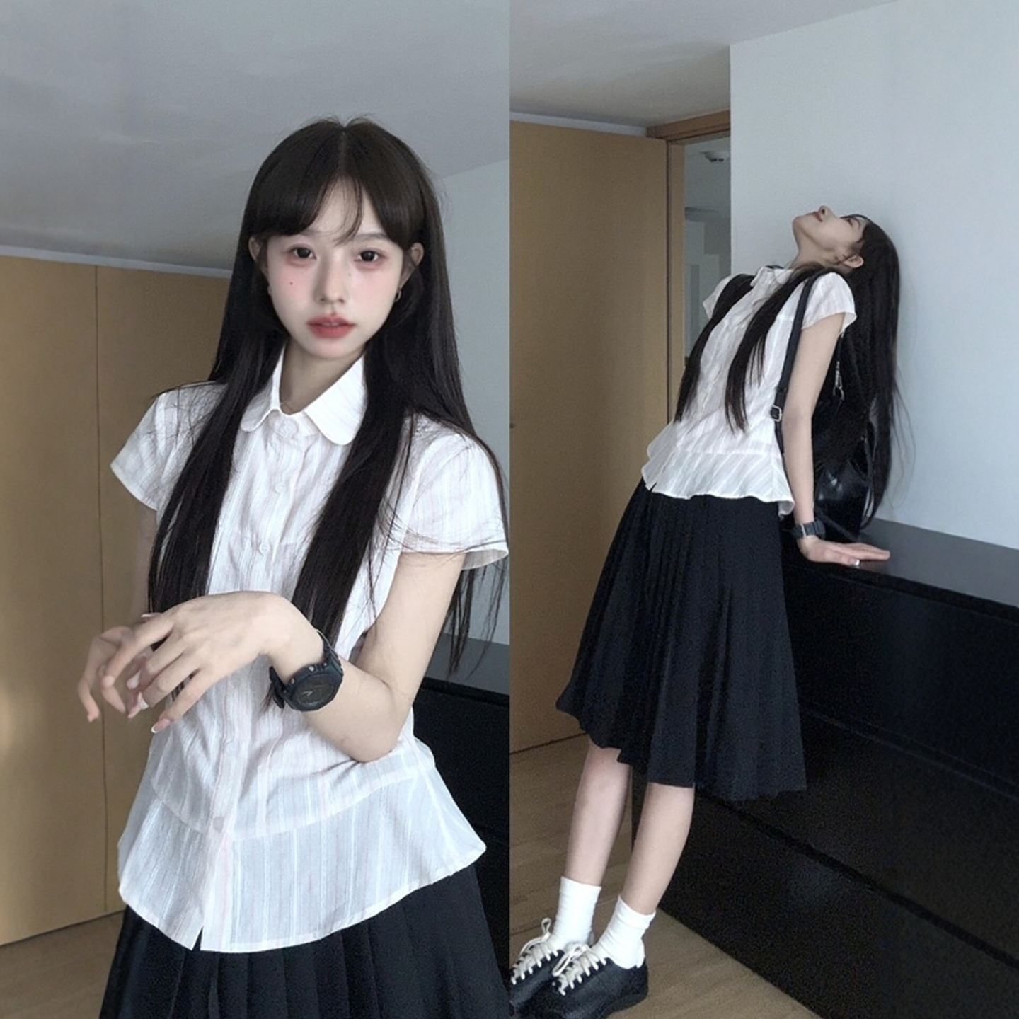 달콤한 여성스러운 캐주얼 스포츠 슈트 여름 허리 스트라이프 반팔 셔츠 대학 스타일 플리츠 스커트 투피스 세트