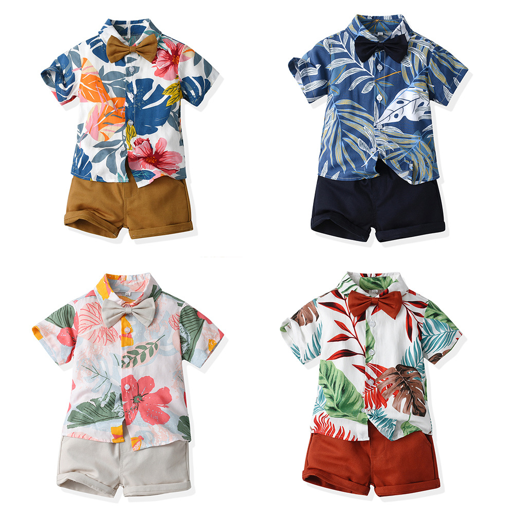 Hawaiian Flower Shirt 2025 Summer European and American Kidsren's Short-Sleeved Flower Cardigan Boys Shorts Two-Piece Set Trendy Style