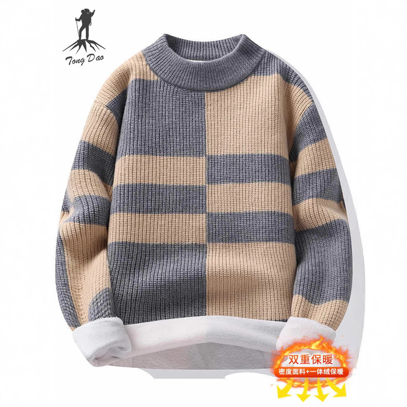 Camel HJCAMEL Sweater Men's Winter fleece-lined Thickened Warm One-piece Cashmere Trendy Brand Contrast Color Knitted Sweater Wool Clothes Camel HJCAMEL Sweater Men's Winter fleece-lined Thickened Warm One-piece Cashmere Trendy Brand Contrast Color Knitted Sweater Wool Clothes