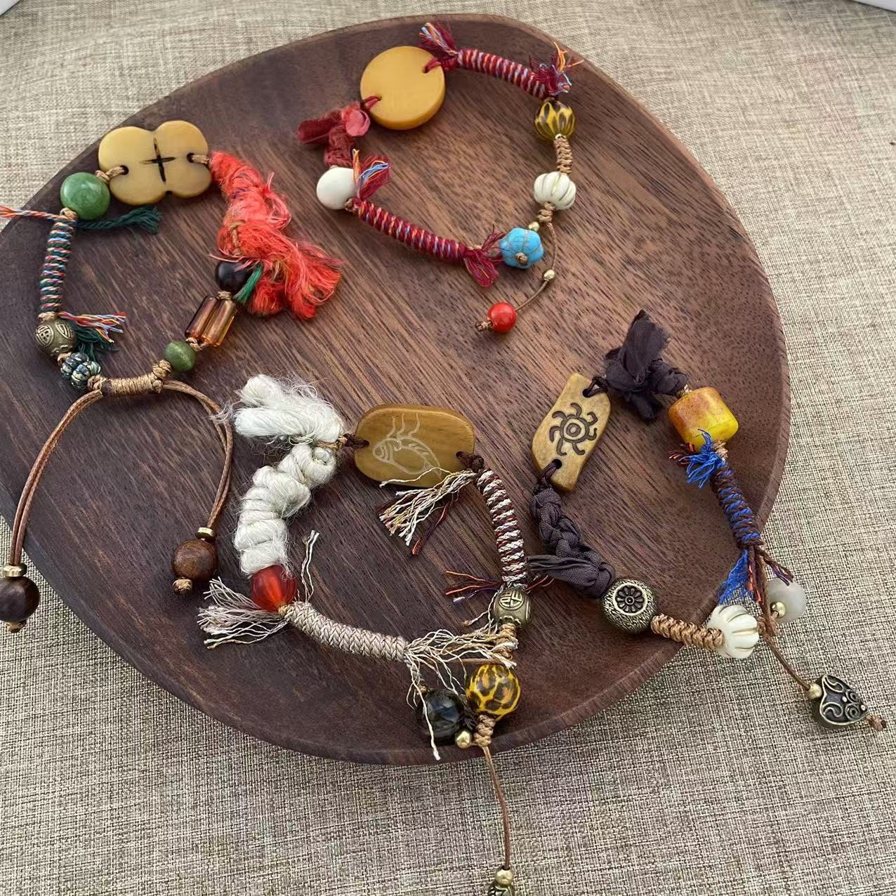 New Chinese Style Ethnic Style Orchestration Hand Rope Ox Bone Natural Stone Multi-Treasure Xizang Style Design Sense Meaning Hand Ornaments