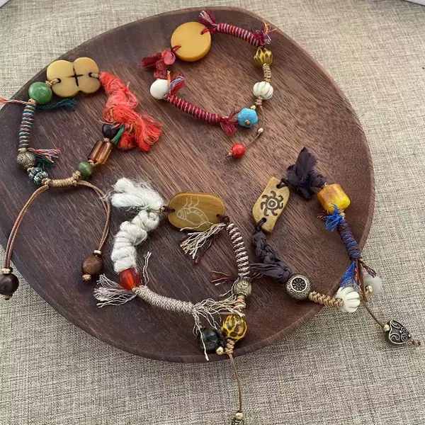 New Chinese Style Ethnic Style Orchestration Hand Rope Ox Bone Natural Stone Multi-Treasure Xizang Style Design Sense Meaning Hand Ornaments