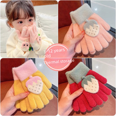 Children's Glove Cute Strawberry Knitted Fleece Lined Thick Soft Warm Windproof Girls Students Autumn Winter Full Finger