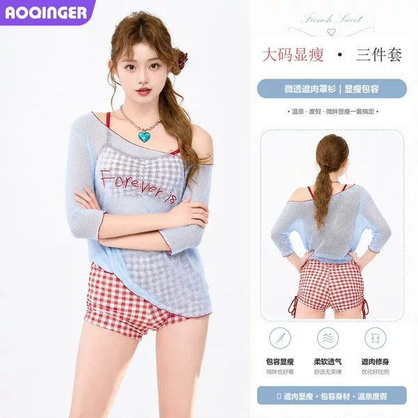 Plus-Size Women's Swimwear with a High-End Feel, Long Sleeves That Cover the Body and Make You Look Slimmer, Pure and Sweet Style for Chubby Girls, Conservative Swimwear Wholesale