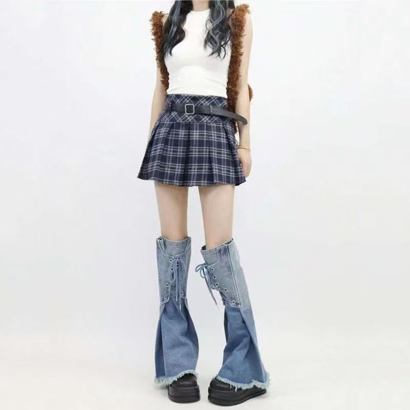 Millennial Hot Girl Denim Gradient Blue Leg Warmers Design Socks with Straps Flared Slouch Socks for Women Y2K Subculture