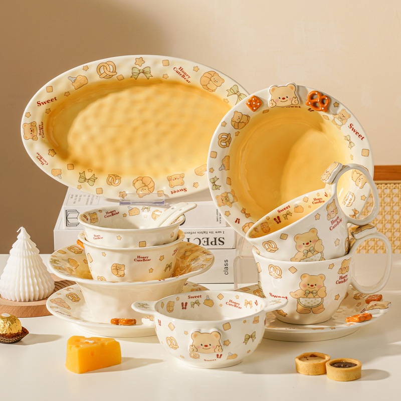 Cream Bear High-Quality Tableware with Embossed Ceramic Plates, Cute Household Rice Bowls, Breakfast Cups, Dessert Plates, Salad Bowls
