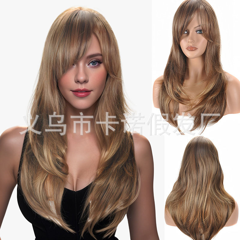 Europe and the United States cross-border light brown intermediate color medium long straight hair oblique bangs wig cover synthetic fiber high temperature silk headgear wig