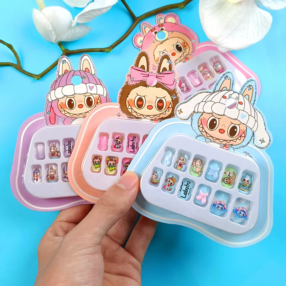 拉布布卡通儿童穿戴甲 12片中大童美甲贴片 可爱萌趣蝴蝶结假指甲