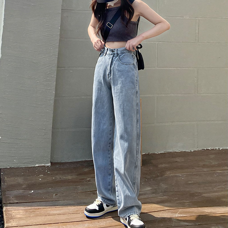 美式垂坠感宽松阔腿牛仔裤女高腰显高显瘦拖地牛仔裤跨境货源批发|undefined