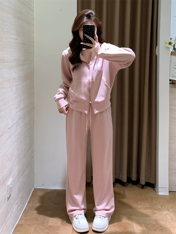 运动休闲风基础Q弹双拉链短卫衣外套+高腰阔腿卫裤2件套装女秋季|undefined