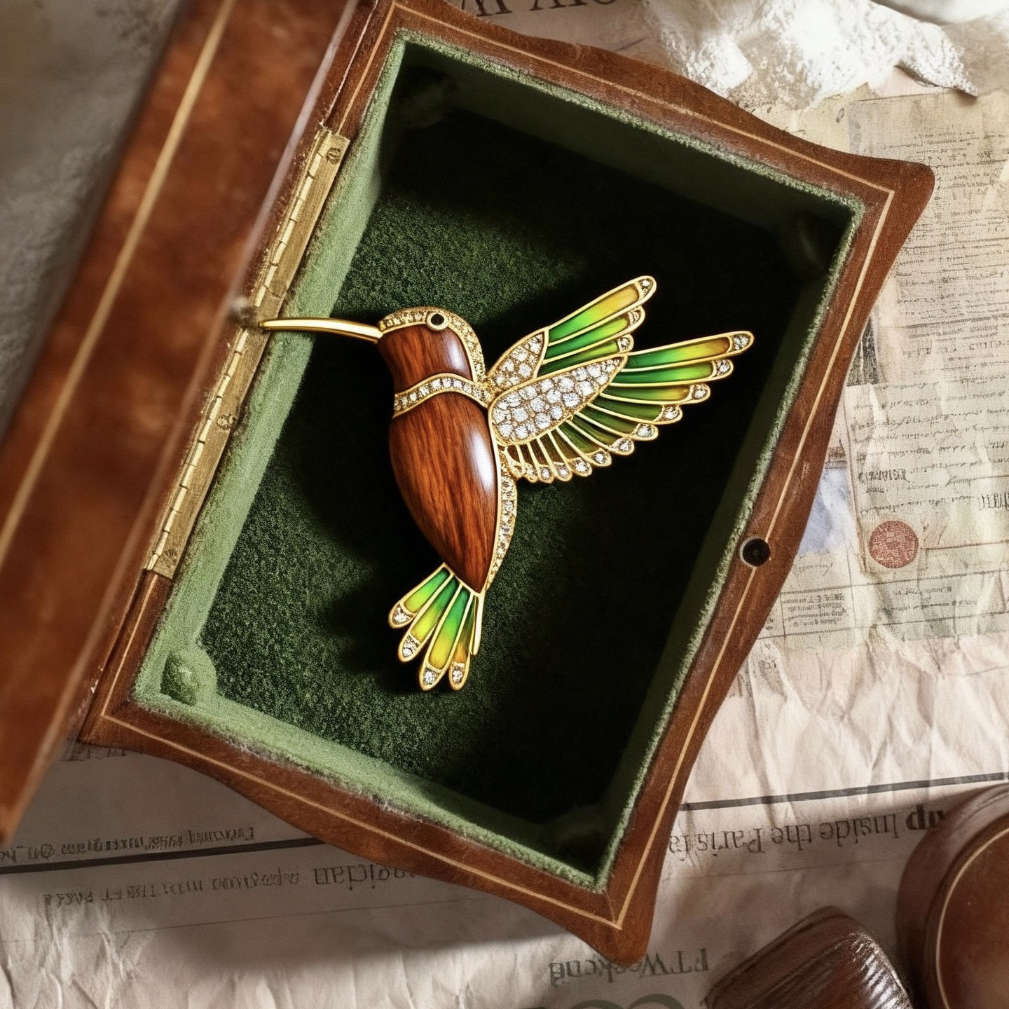 Vintage Natural Texture Wood Hummingbird Brooch with Copper Zircon Enamel Pendant