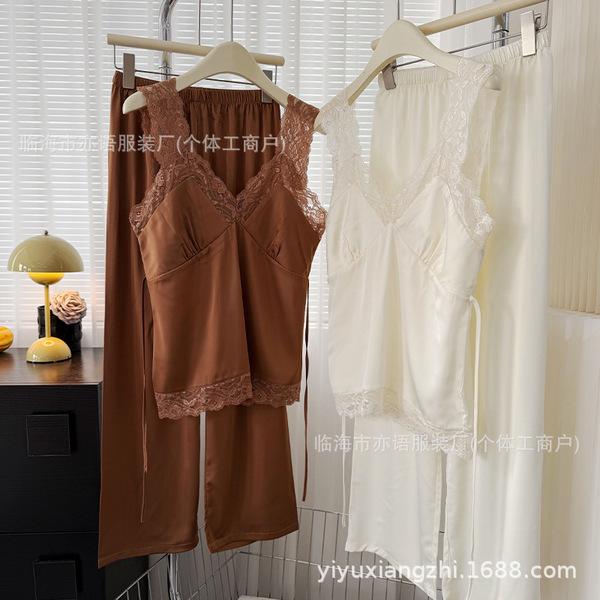 Spring retro lace solid color silk comfortable trousers