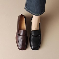 加絨樂福鞋2023秋季方頭黑色英倫風單鞋頭層牛皮日常方跟低幫女