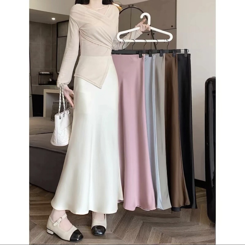 High-Waisted Slimming Mid-Length Satin Acetate Silky Skirt 2026 Spring/Summer New Style Hip-Hugging Fishtail A-Line Long Skirt