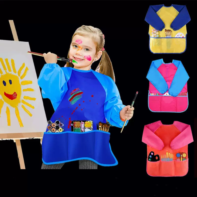 儿童绘画涤纶防水围裙幼儿反穿罩衣长袖防水防污拼色画衣现货批发