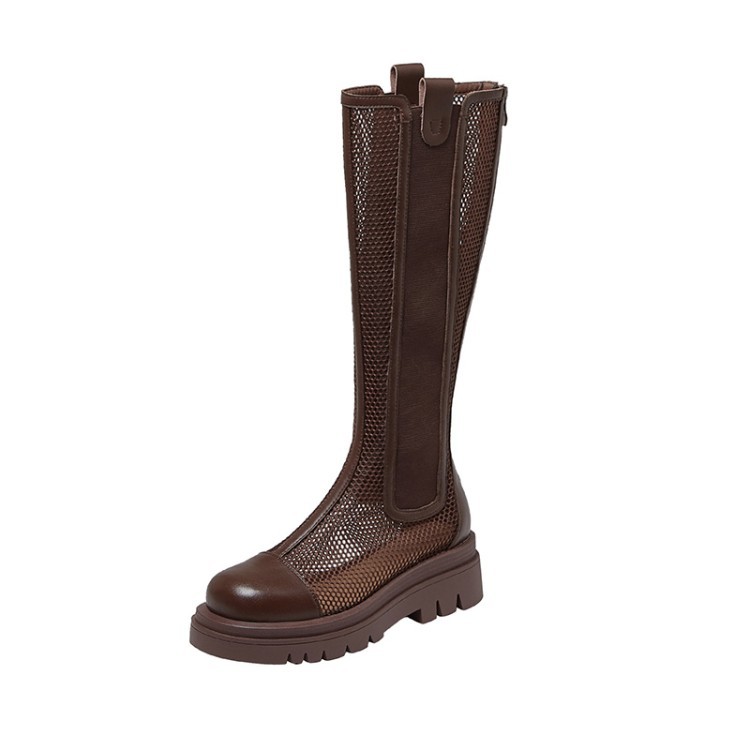 Boot lưới nữ da bò cổ cao thoáng khí mùa hè, đế dày, ống rộng cho chân to — Màu nâu ống lớn, Màu đen cổ ống lớn, Ống nhỏ màu đen, Chu vi ống lớn màu trắng be chi tiết 6