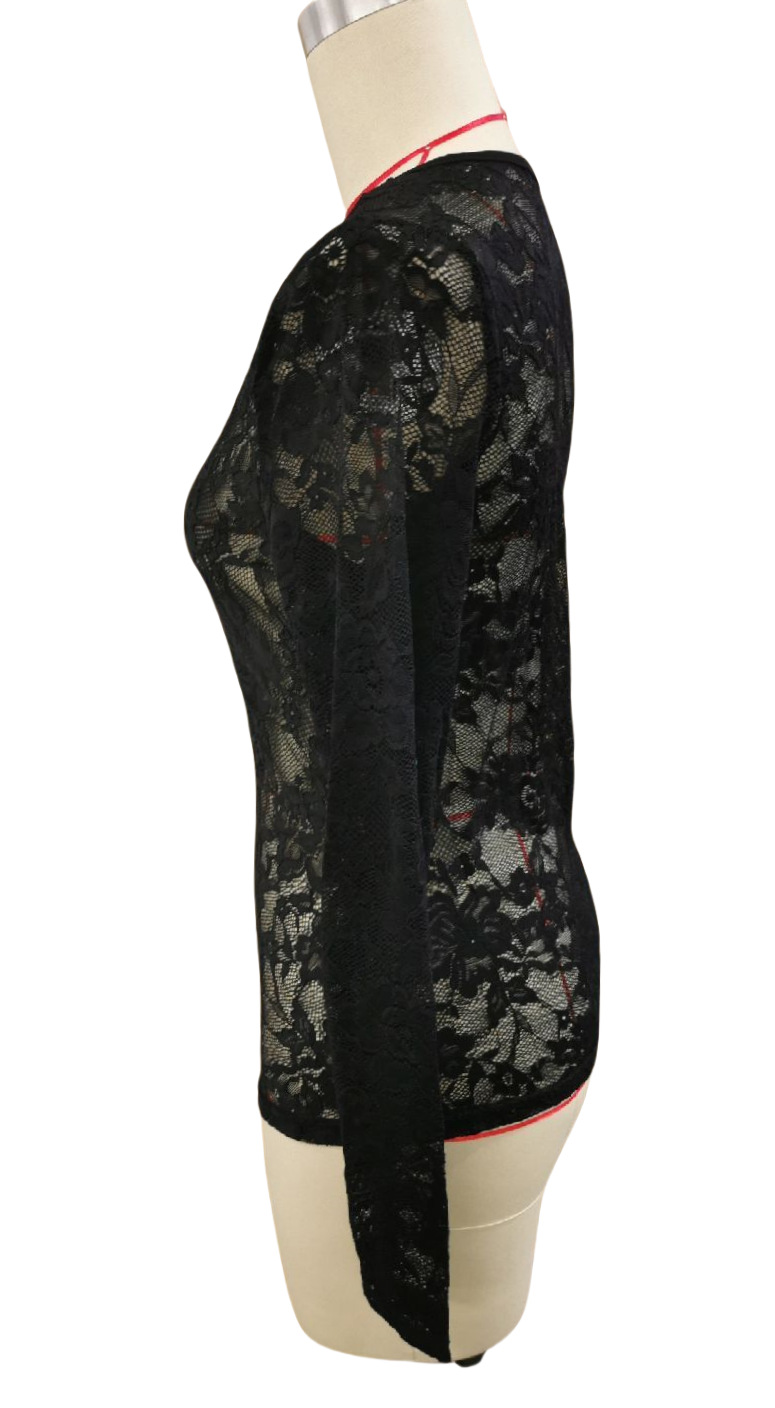 154g Weight Long Sleeve Sleeve Length Regular Sleeve Sleeve Type Lace, Nylon Fabric Type Ordinary Model (50cm <Length ≤ 65cm) Top Length Pullovers Tops Type Nightclub, Date, Tea Party Occasion V Neck Neckline Lace Function Slim Fit Type Solid Color Pattern 2025 Spring and Summer Season Women's Gender Elegant Style, Temperament Commuter Style 2025 Spring New Sexy Single Layer Flower Lace Fan Decoration Bottoming Shirt Top Female 2