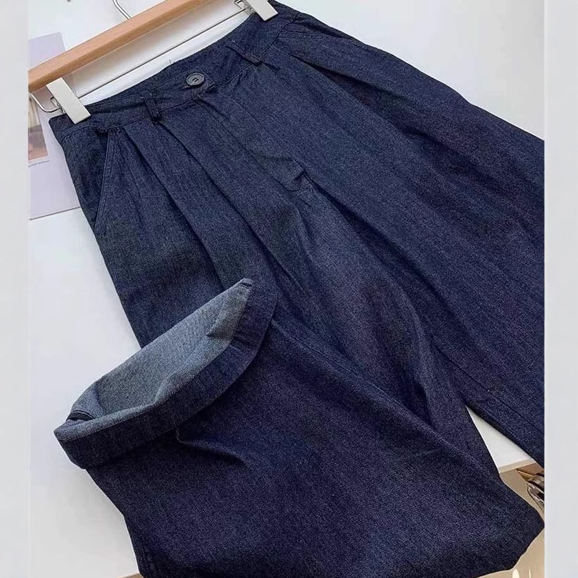 Quần ống rộng vải lanh cotton Yamamoto cạp cao kiểu harem mùa hè 2025 — Màu xanh đậm