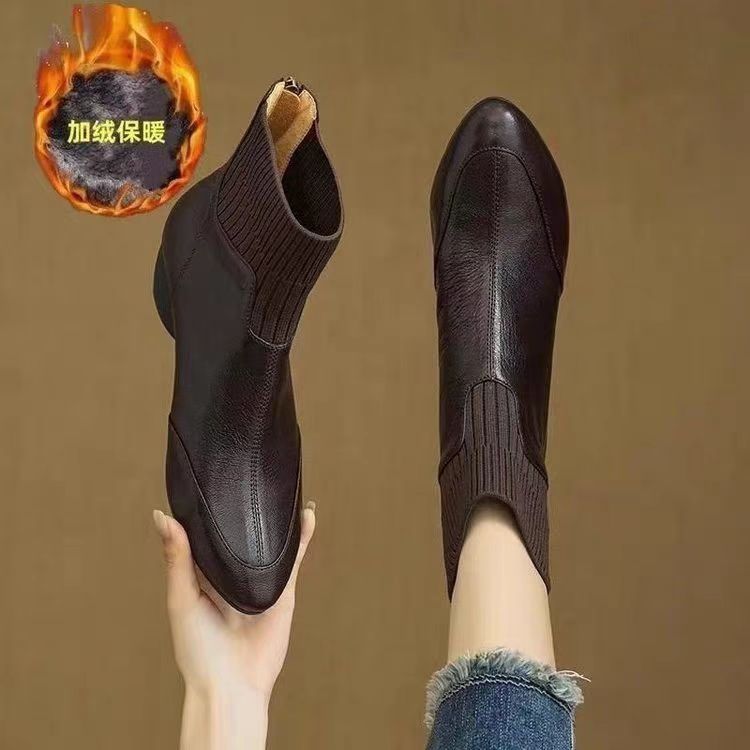 法式复古软皮软底短靴女2025秋冬款加绒弹力袜靴粗跟尖头瘦瘦靴|undefined