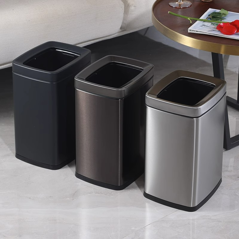 Cubo de habitación de hotel de doble capa de tamaño pequeño de lujo hogar sin tapa 8 aspecto elevado cuadrado de acero inoxidable hueco estrecho cubo de basura Luz