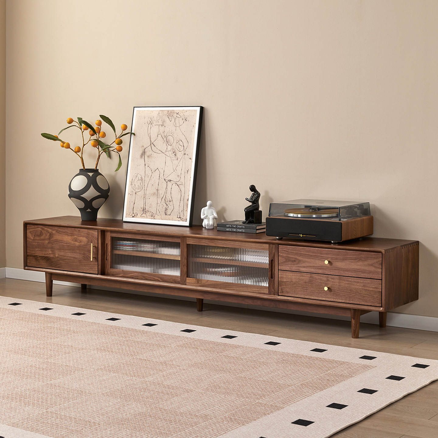 Nordic Black Walnut Tv Cabinet Living Room Home Small Apartment Audio-Visual Cabinet Modern Simple All-Wood Storage Storage Cabinet