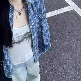 美式街头秋冬季休闲宽松设计感小众蓝色格纹长袖衬衫防晒上衣外穿