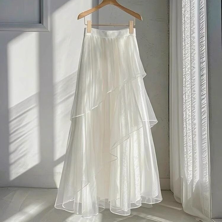 French-Style White Mesh Skirt for Women, 2025 Spring Design, Super Fairy-Like and Beautiful A-Line Long Skirt French-Style White Mesh Skirt for Women, 2025 Spring Design, Super Fairy-Like and Beautiful A-Line Long Skirt